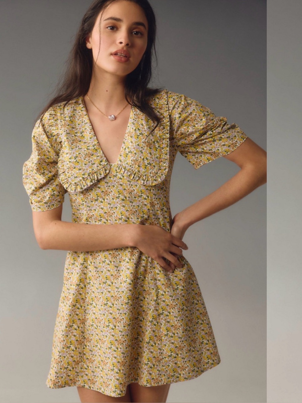 Anthropologie Yellow Floral Short-Sleeve Mini Dress Ruffle Collar size 2